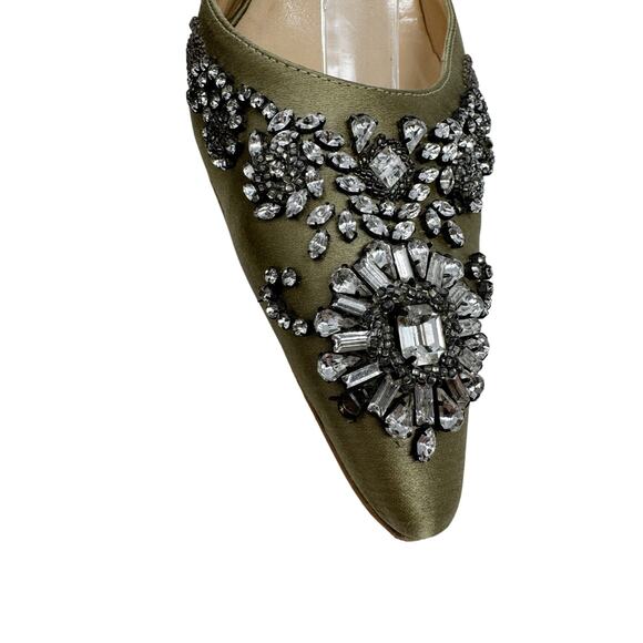 Manolo Blahnik Olive Green Satin Crystal Jeweled Luxury Slingback Heels 39.5 - Picture 4 of 8